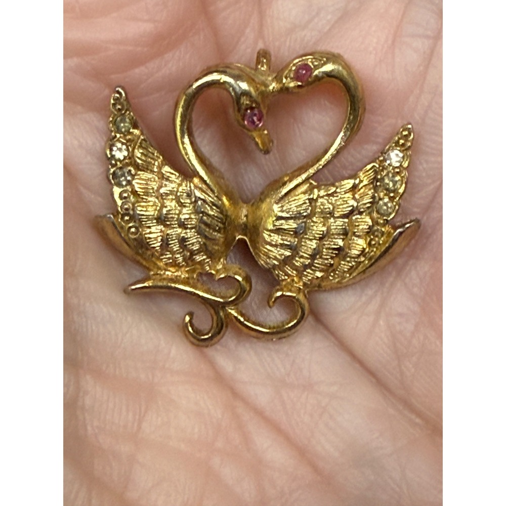 Vintage Swan Heart Pendant Gold Tone Pink White Rhinestones Romantic Love Bonded